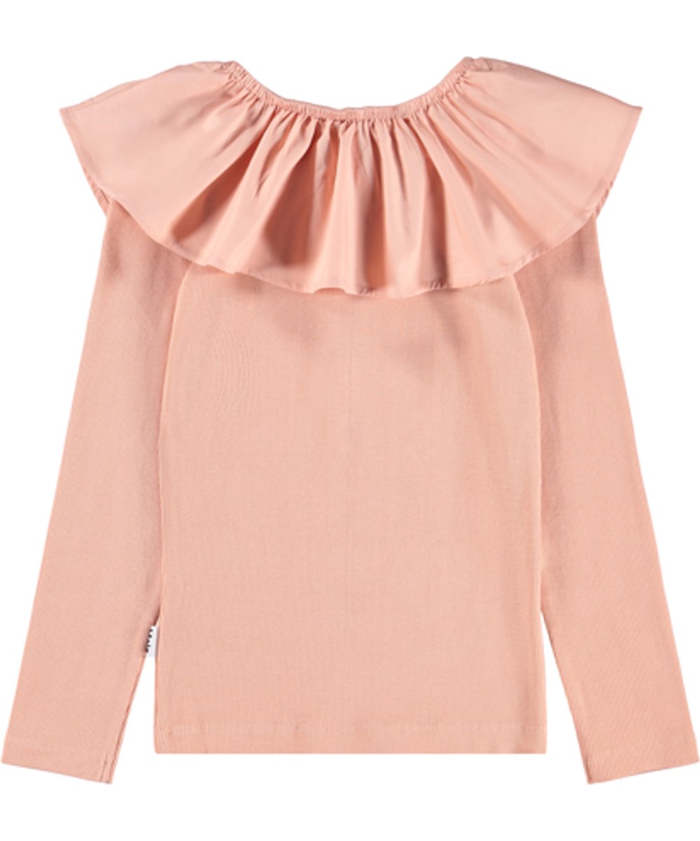 Renate - Rose Cloud - Powder-colored, close-fitting long-sleeved top for children made of organic cotton rib with a poplin collar and elastic that can be worn off-shoulder or lifted up to function as both a collar and sleeve.