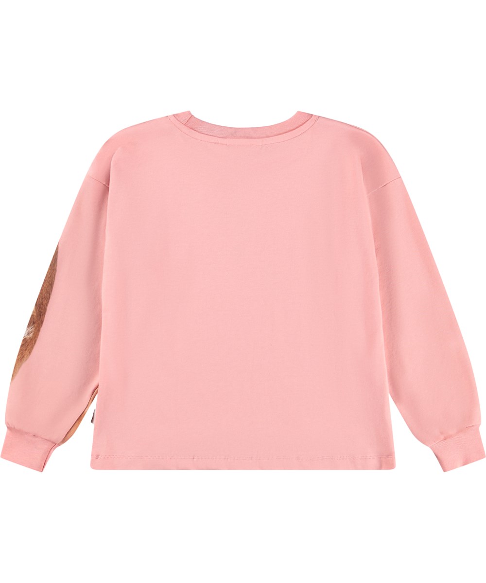 Reniza - Flower Gift - Pink long-sleeved top for children made of soft organic cotton with ribbed cuffs and neckline and a print of a deer and a little bird meeting each other.