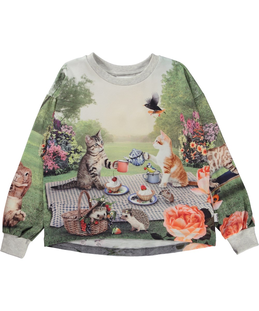 Reniza - Kitty Picnic - Green organic top with cats at a picnic print 