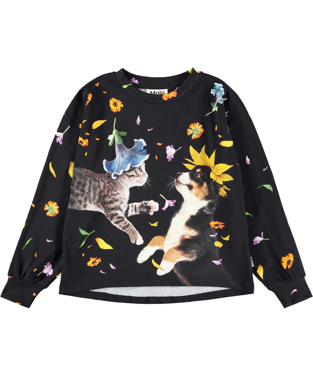 Reniza - Lets Celebrate - Black long-sleeved top for children made of organic cotton with an animal print 