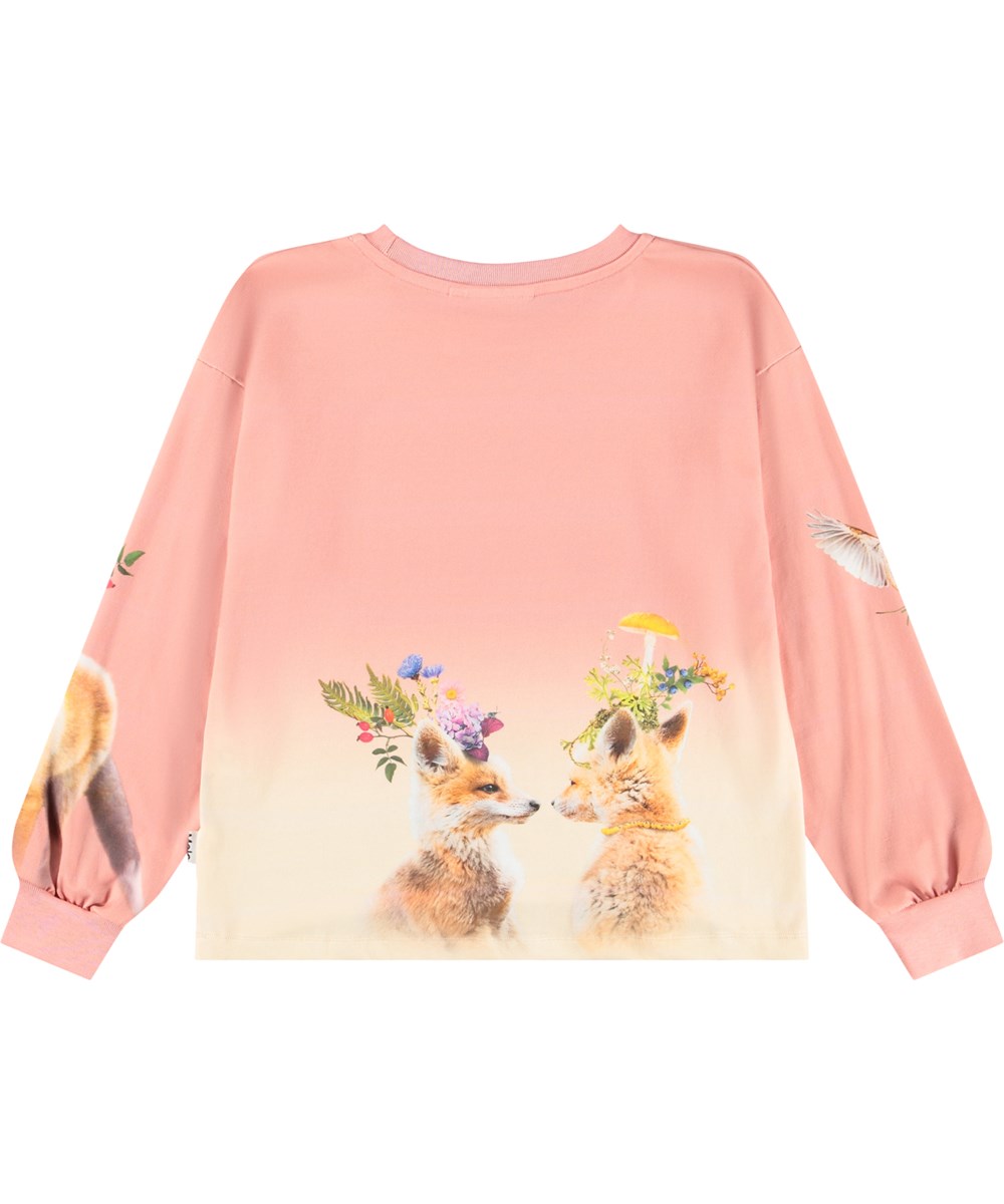 Reniza - Nature Glam - Pink long-sleeved top for children made of soft organic cotton with ribbed cuffs and neckline and a fox print.