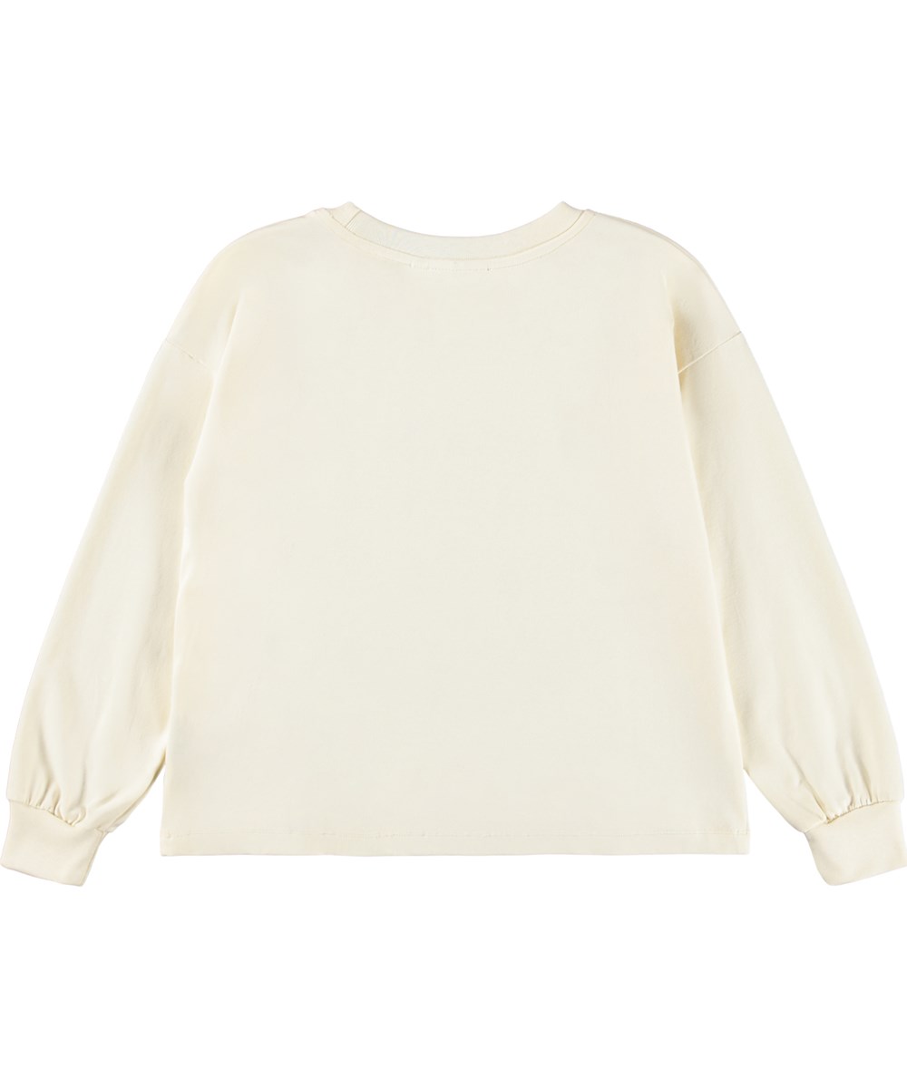 Reniza - POM Pomeranian - Off-white long-sleeved top for children made of soft organic cotton with ribbed cuffs and neckline and a print of a Pomeranian dog.