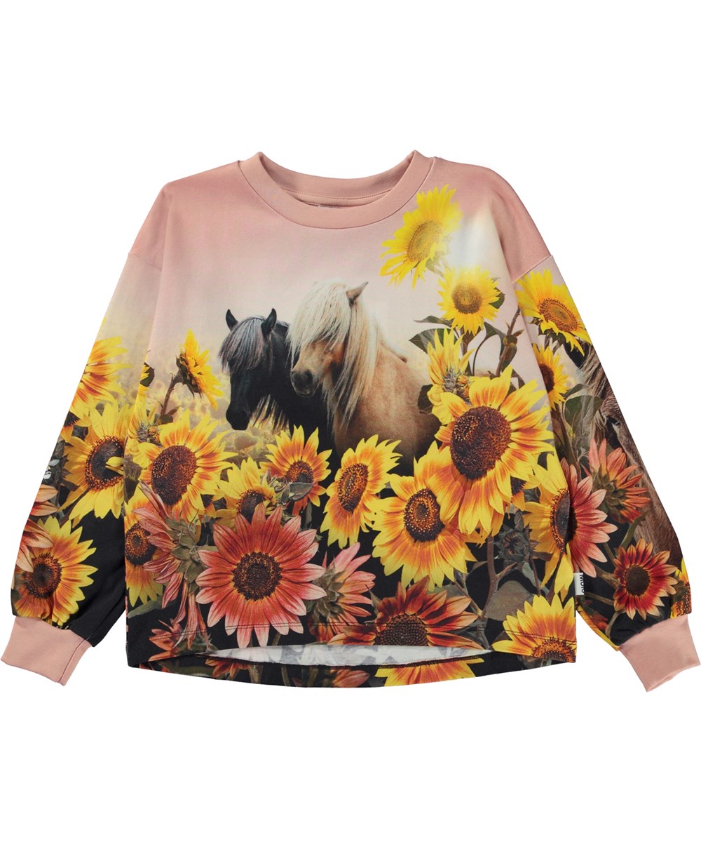 Reniza - Pony Sunflowers - Rose organic top with horse and sunflower print 