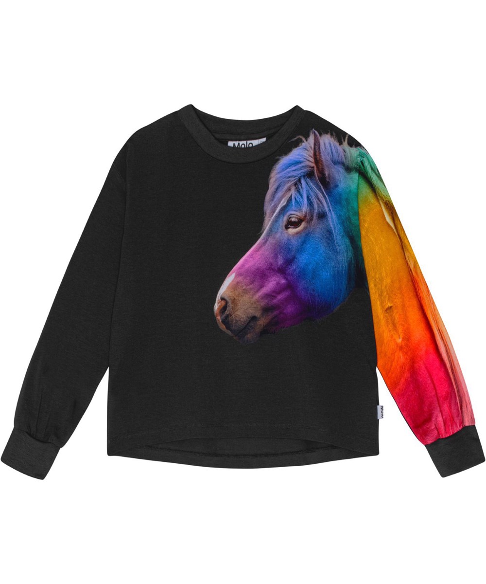 Reniza - Rainbow Friend - Loose-fitting black organic cotton top with rainbow-coloured horse print.