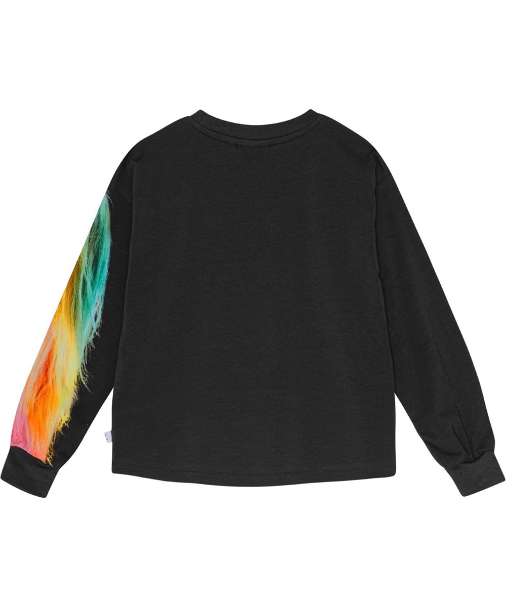 Reniza - Rainbow Friend - Loose-fitting black organic cotton top with rainbow-coloured horse print.