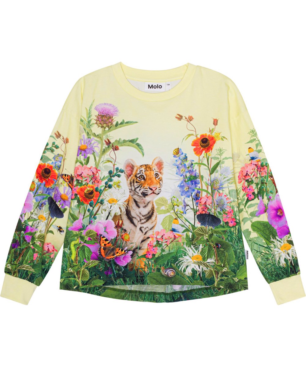 Reniza - Tiger Garden - Pastel yellow top in organic cotton with a print of a tiger cub