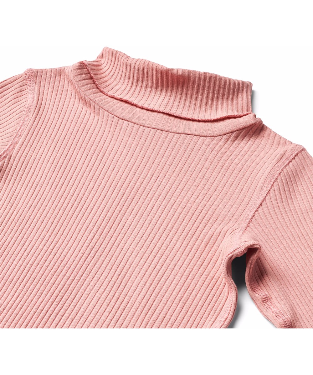 Rennie - Blush - Pink, long-sleeved top for children in stretchable, soft viscose cotton rib with a close-fitting cut, a roll neck, raw edges and visible seams.