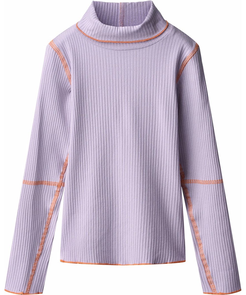 Rennie - Faded Purple - Purple, long-sleeved top for children made of stretchable, soft viscose rib with a close-fitting cut, a roll neck, raw edges and visible orange stitching.