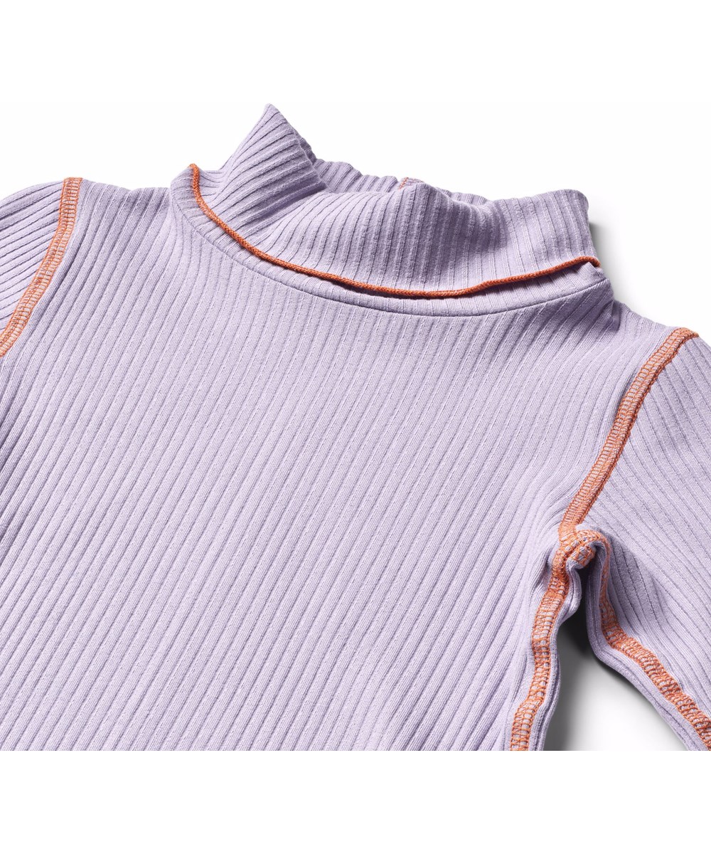 Rennie - Faded Purple - Purple, long-sleeved top for children made of stretchable, soft viscose rib with a close-fitting cut, a roll neck, raw edges and visible orange stitching.