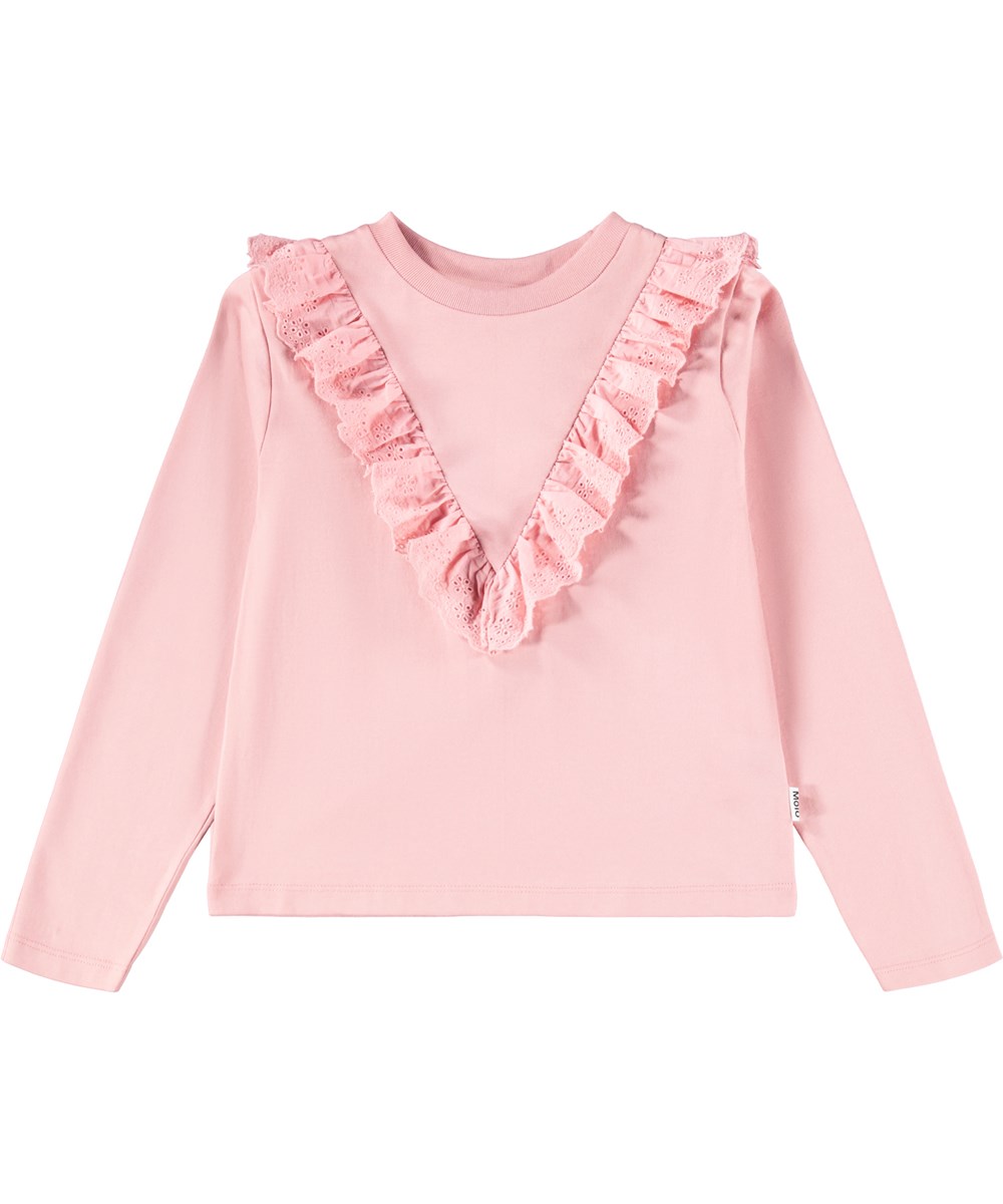 Rheta - Blush - Pink, long-sleeved top for children made of organic cotton with a round neck and ribbed edge and a ruffled edge in embroidery anglaise.