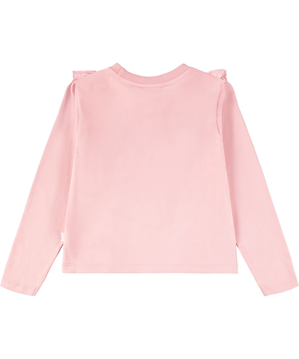 Rheta - Blush - Pink, long-sleeved top for children made of organic cotton with a round neck and ribbed edge and a ruffled edge in embroidery anglaise.