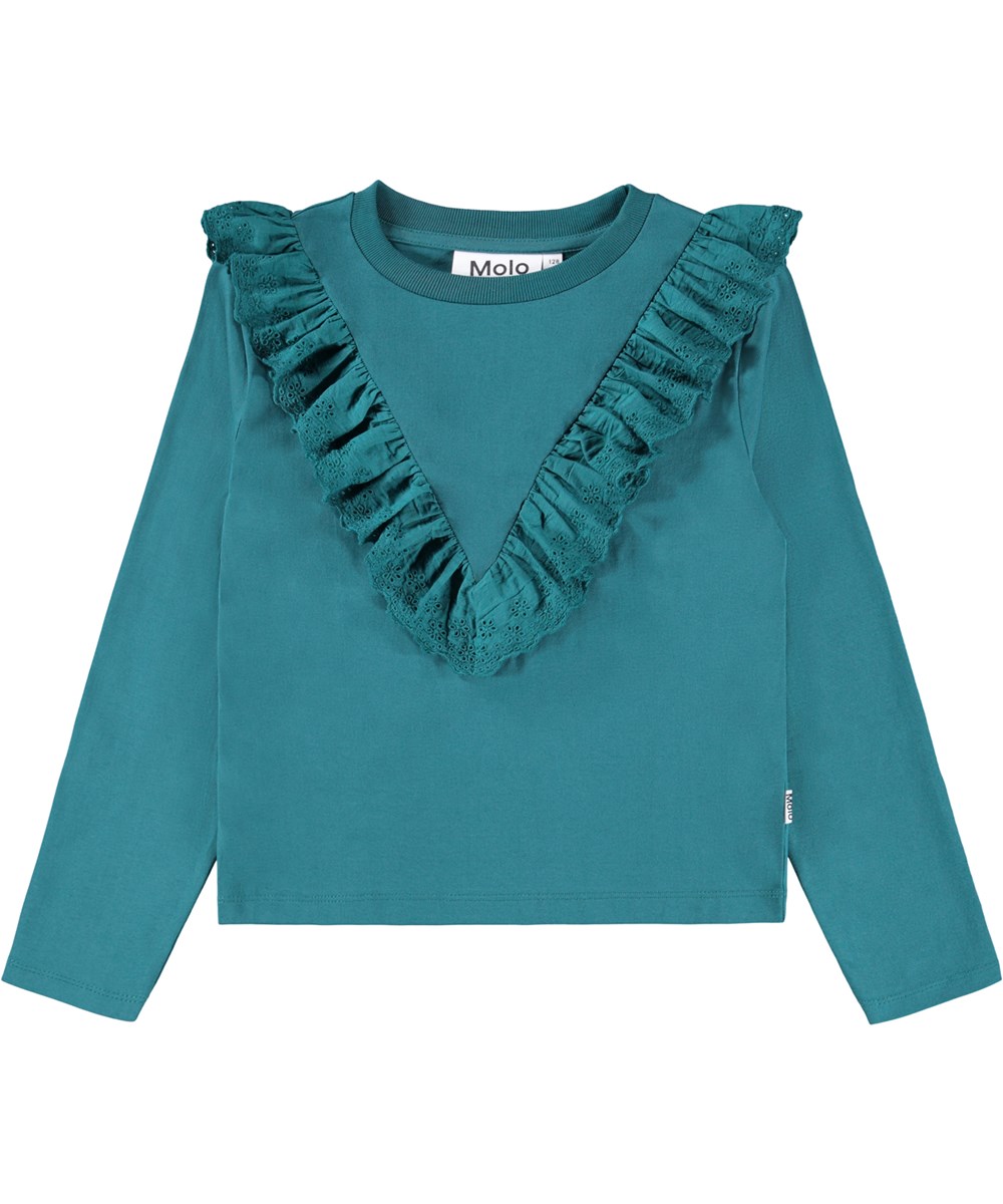 Rheta - Cosmic Green - Petroleum green, long-sleeved top for children made of organic cotton with a round neck and ribbed edge and a ruffled edge in embroidery anglaise.