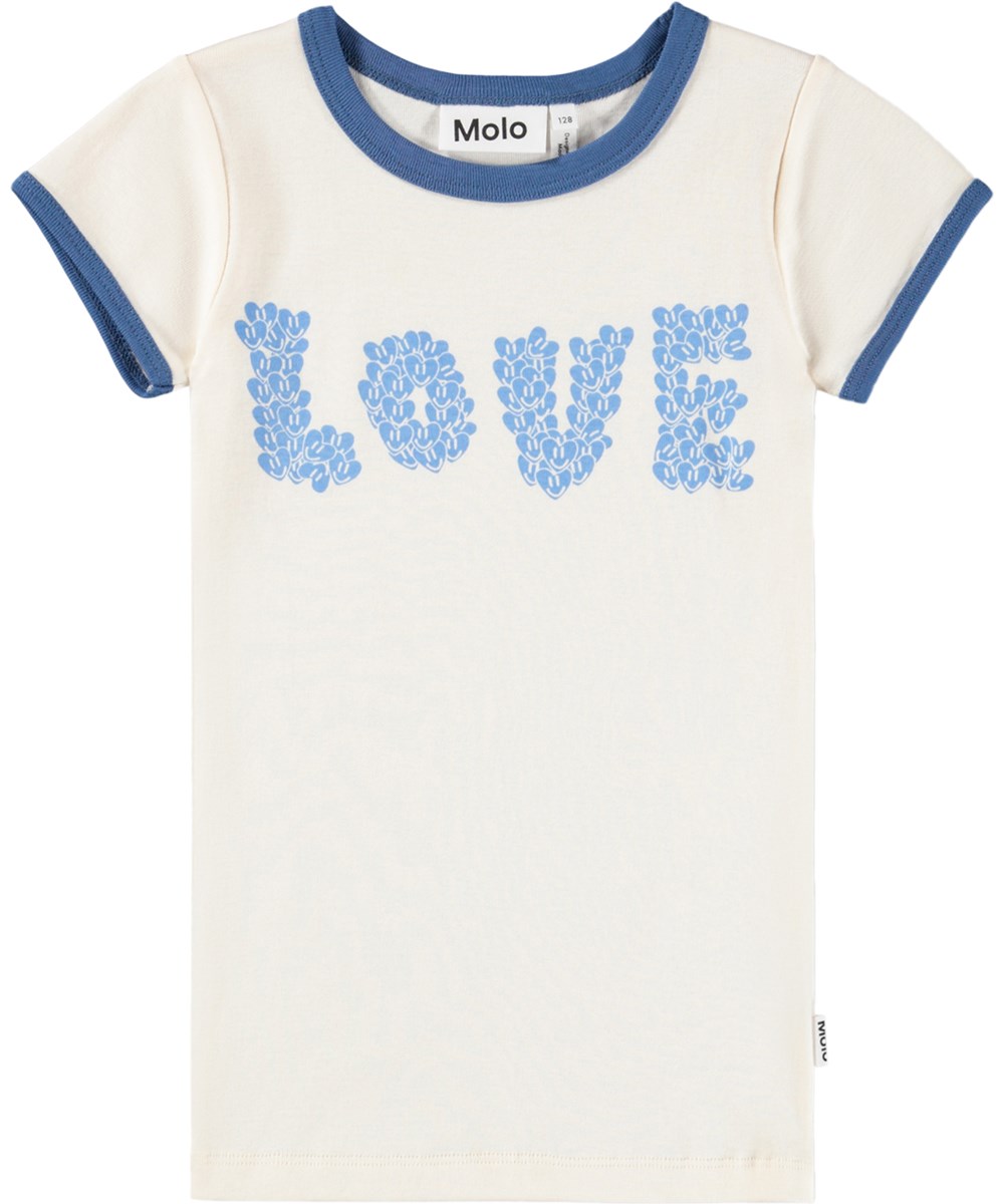 Rhiannon - Love Blue - Off-white T-shirt for children made of organic cotton with a love print 