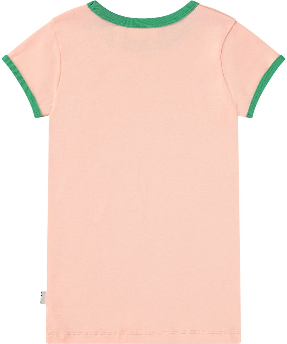 Rhiannon - Peach - Light orange t-shirt with print for children in soft cotton with green trim at the sleeves and neckline.