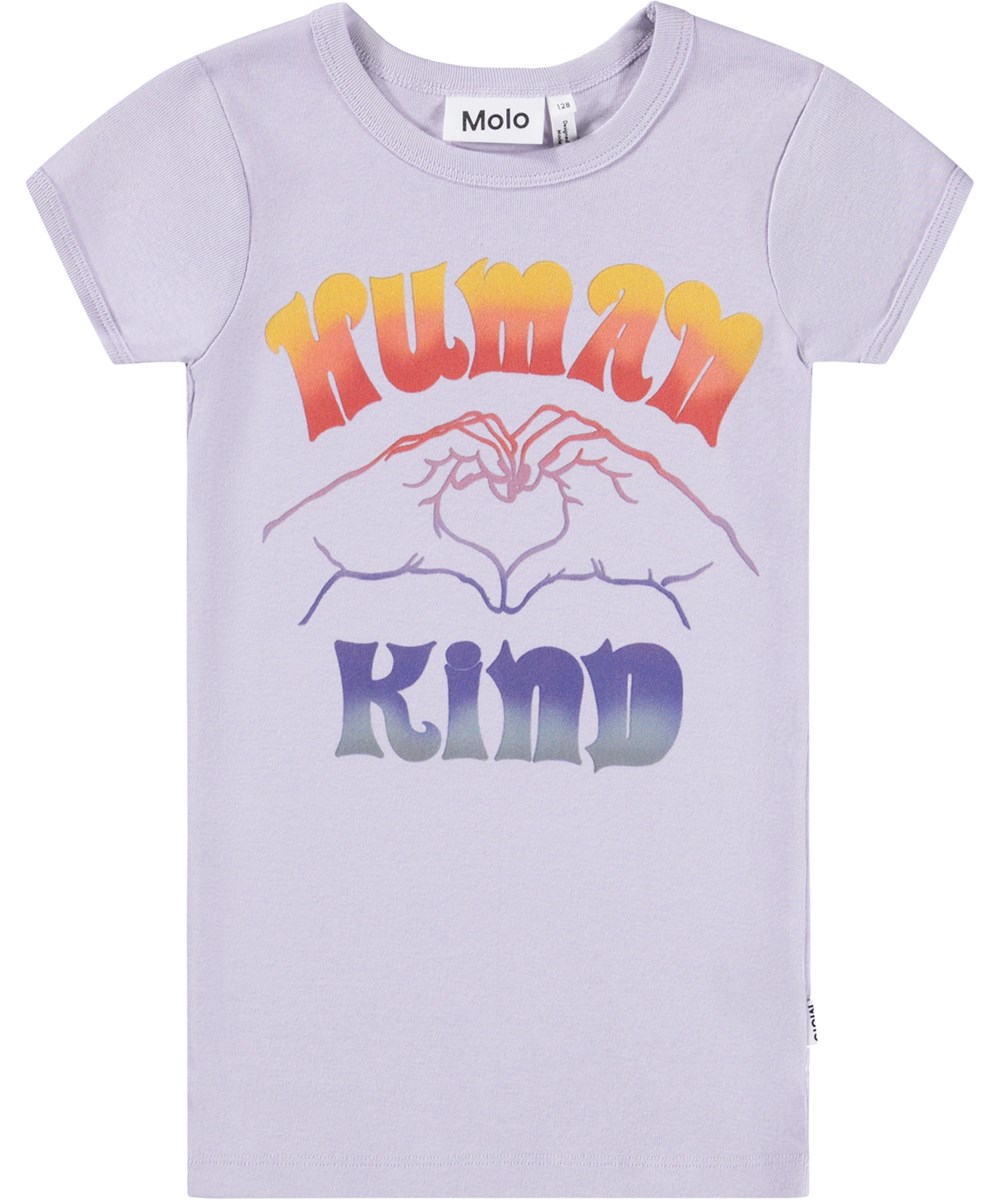Rhiannon - Thistle - Purple T-shirt made of soft organic cotton with the text ''Human Kind'' and hands forming a heart on the front.