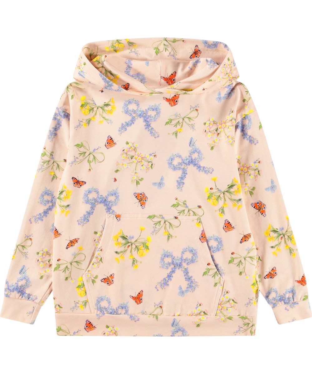 Rhona - Flowerbows - Pink hoodie for children made of organic cotton with a floral print 