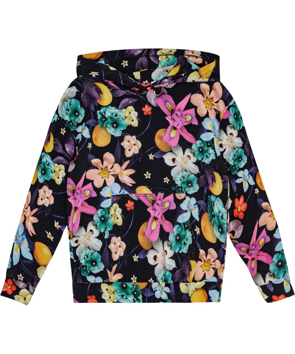 Rhona - Garden Of Plenty - Vibrant floral print long-sleeved hoodie in organic cotton with loose fit.