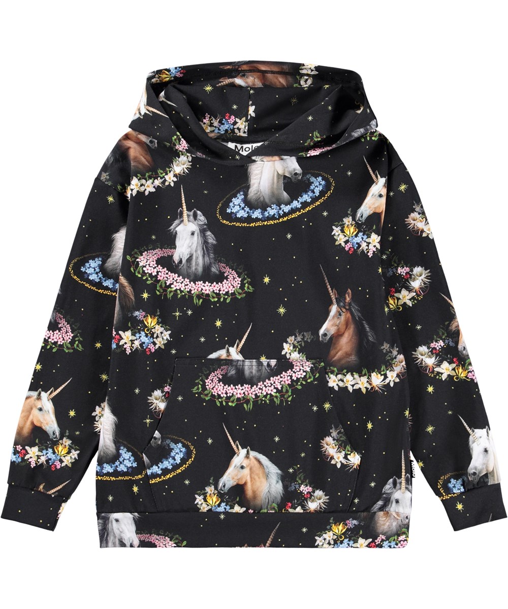 Rhona - Magical Galaxies - Black hoodie for children made of soft, organic cotton with a print of pegasi with colorful flower garlands.