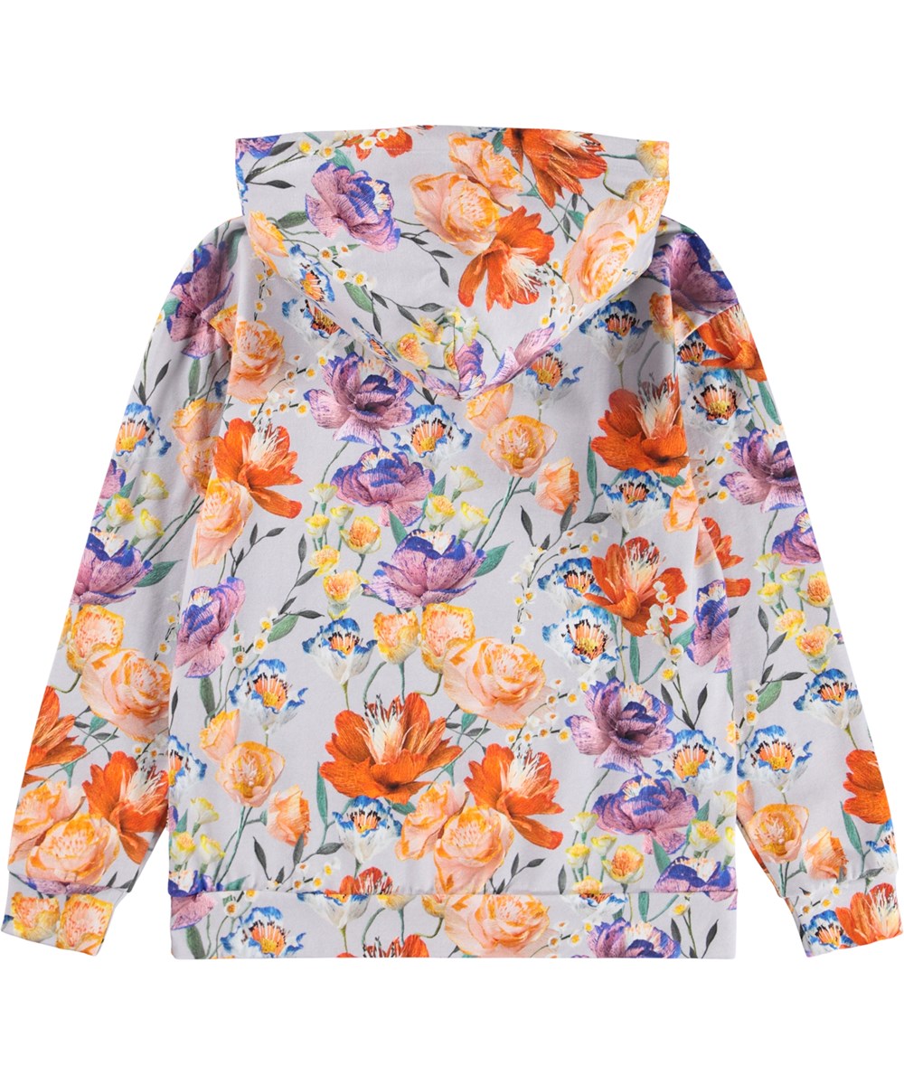 Rhona - Paper Flowers - Light purple hoodie for children made of soft, organic cotton with a print of colorful paper flowers.