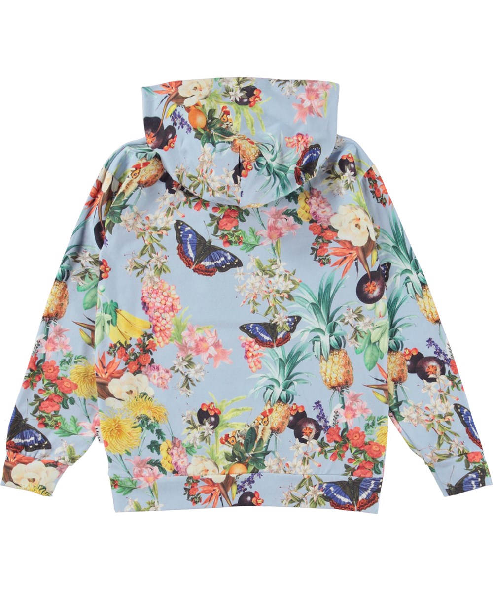 Rhona - Tropical Fruits - Light blue hoodie in print with tropical fruits and flowers 