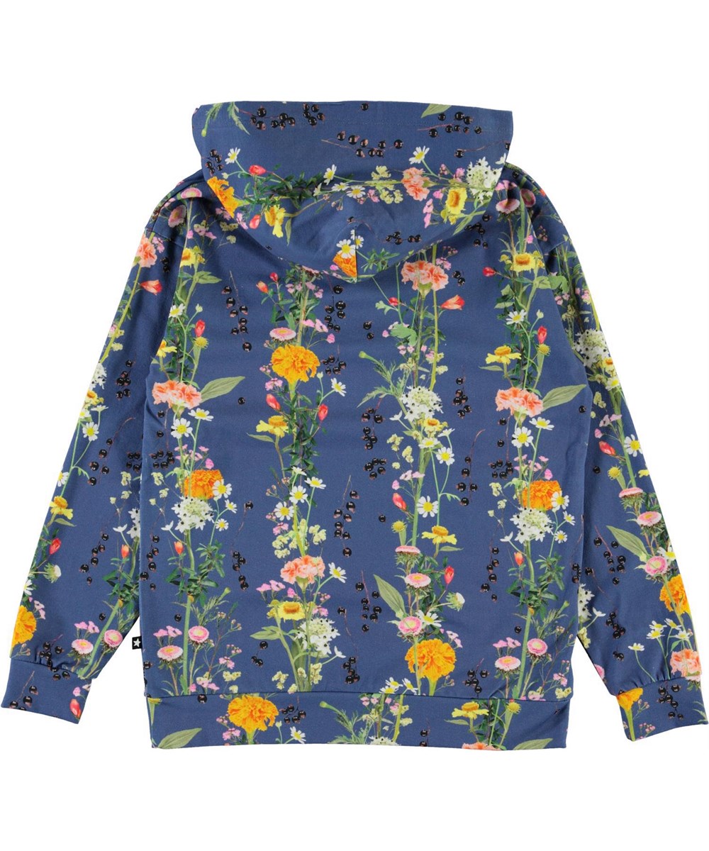 Rhona - Vertical Flowers - Blue organic hoodie with flowers 