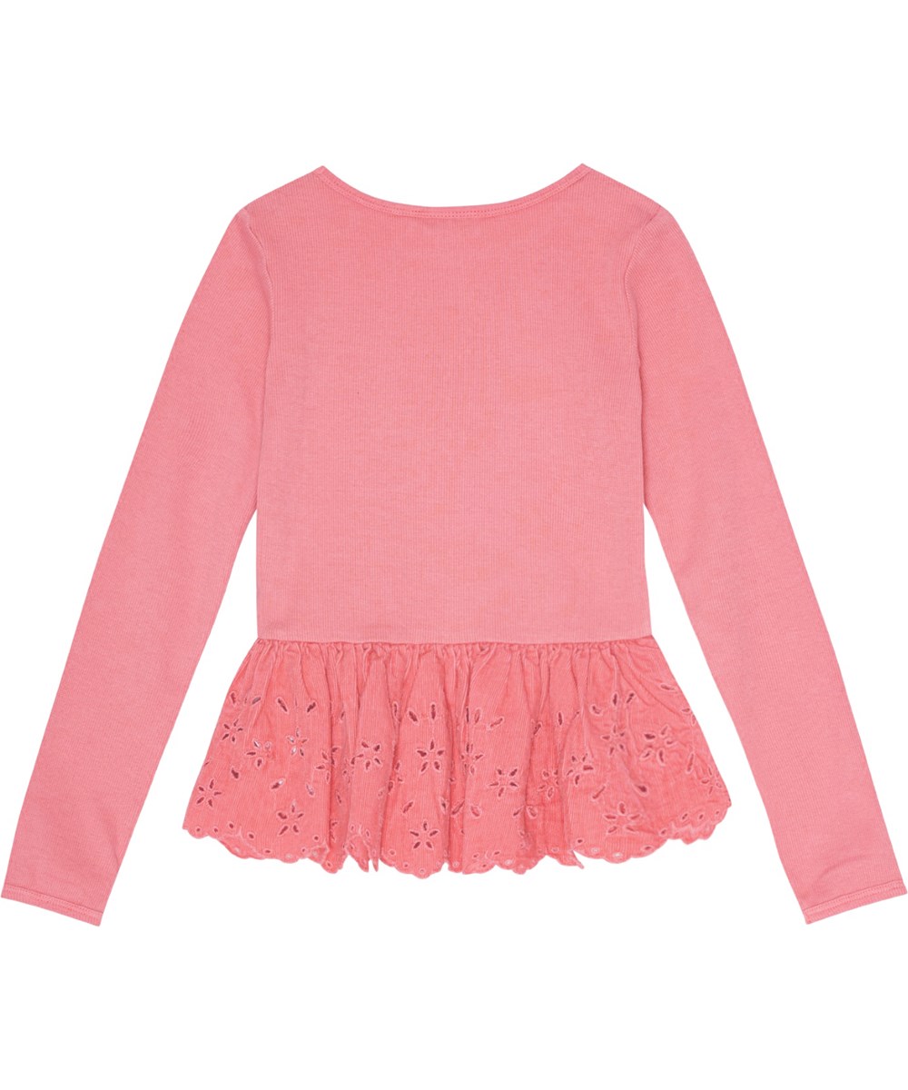 Riana - Flamingo Plume - Fitted coral long-sleeved top with corduroy ruffle trim and flower cut-outs.