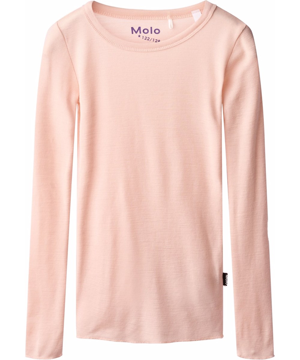 Rihanna Wool - Rose Cloud - Pink melange, long-sleeved top for children made of soft merino wool with a close-fitting cut, a round neckline and babylock details at the sleeves and waist hem.