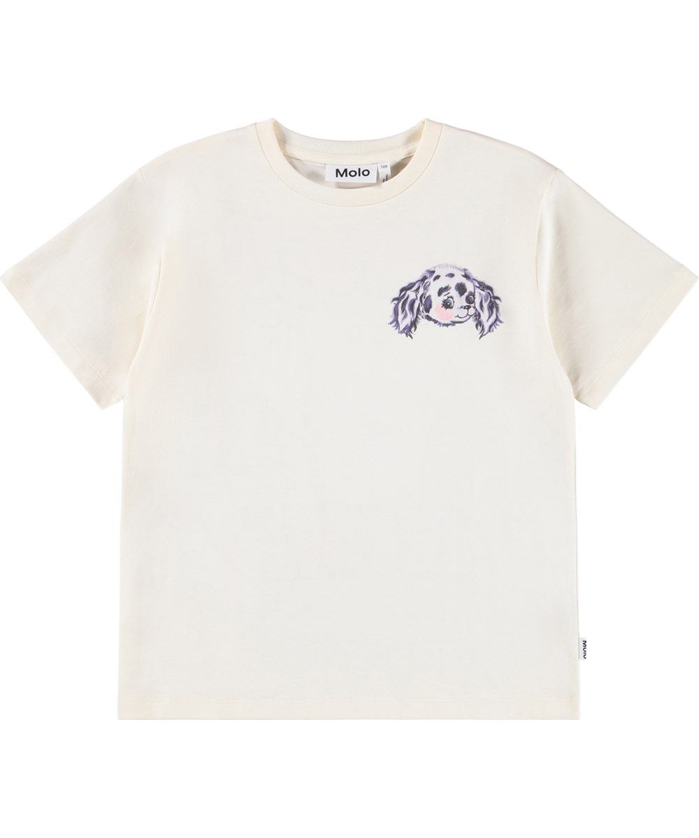 Riley - Buttercream - Off-white short-sleeved T-shirt for children made of soft organic cotton with a ribbed neckline.