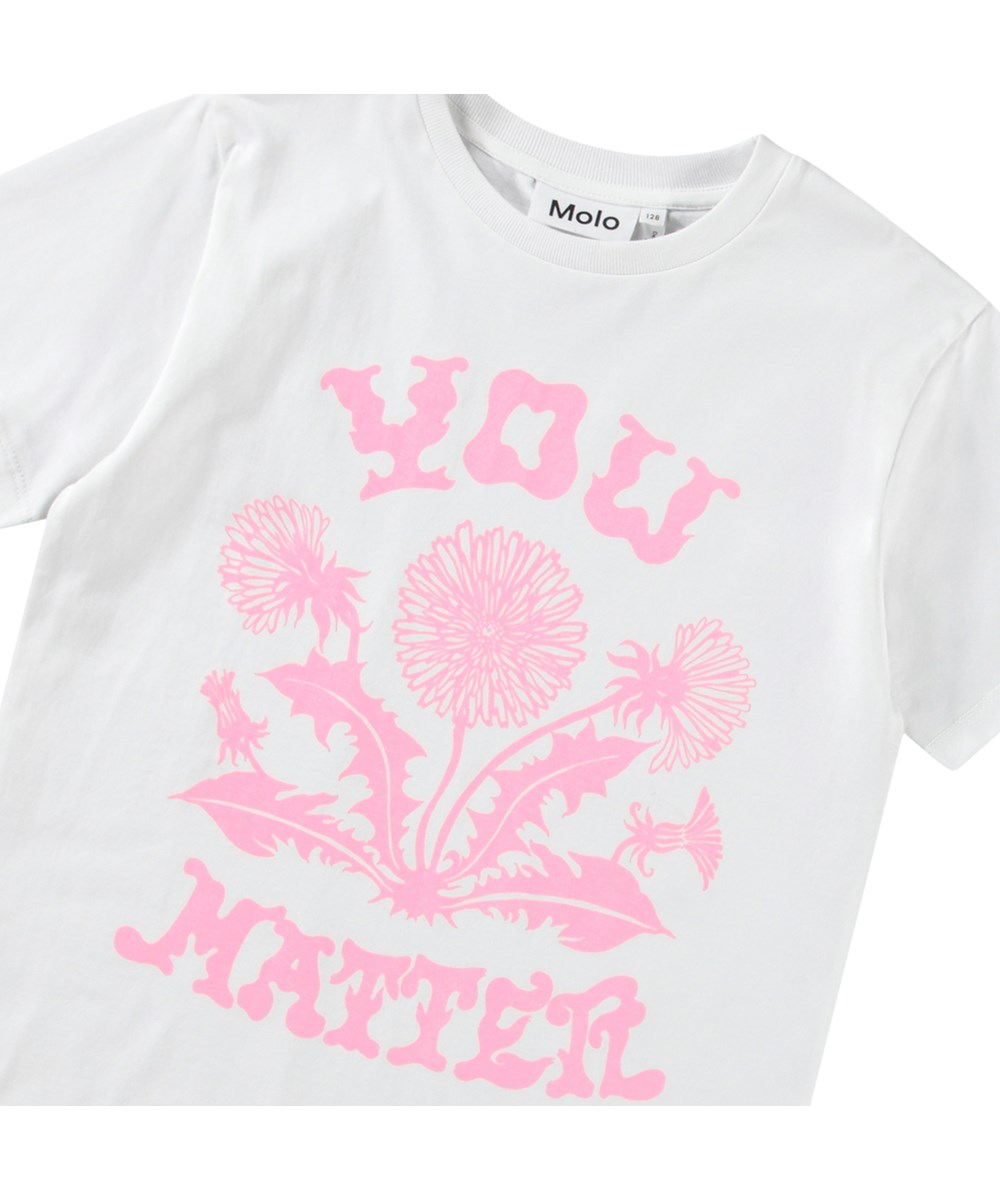 Riley - Pink Dandelion - White t-shirt with print for children in soft organic cotton with short sleeves and ribbed neckline.