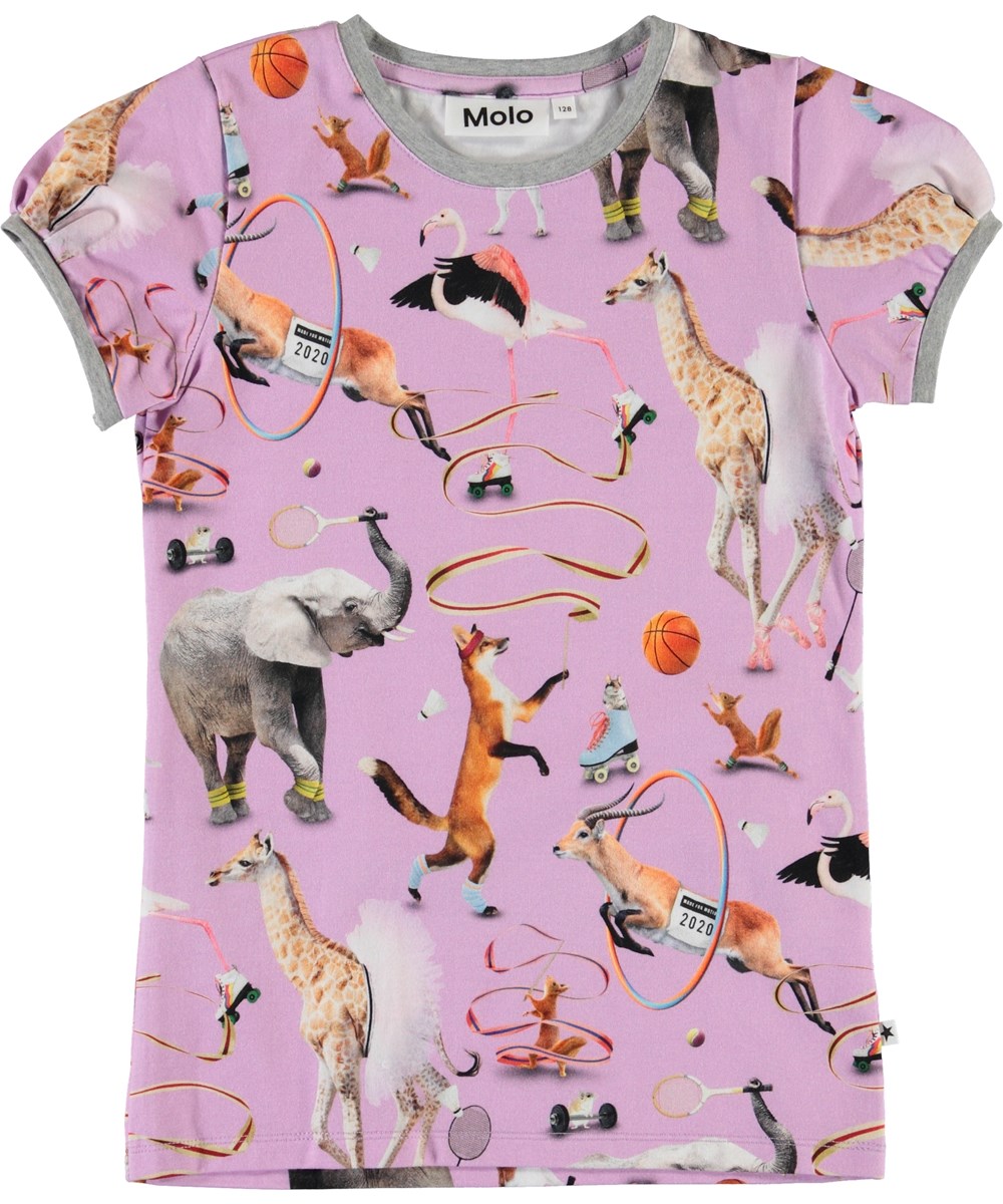 Rimona - Made For Motion - Purple organic t-shirt with animals