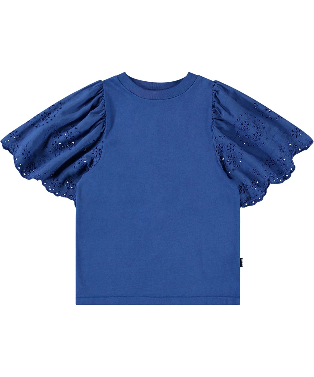 Ritza - Blue Marcaw - Dark blue t-shirt for children in soft organic cotton with ribbed neckline and butterfly sleeves with broderie anglaise embroidery.