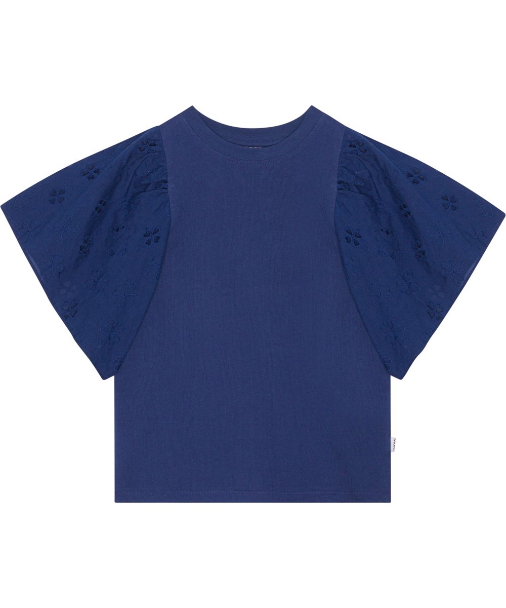 Ritza - Ink Blue - Dark blue top in organic cotton with short, broderie anglaise sleeves