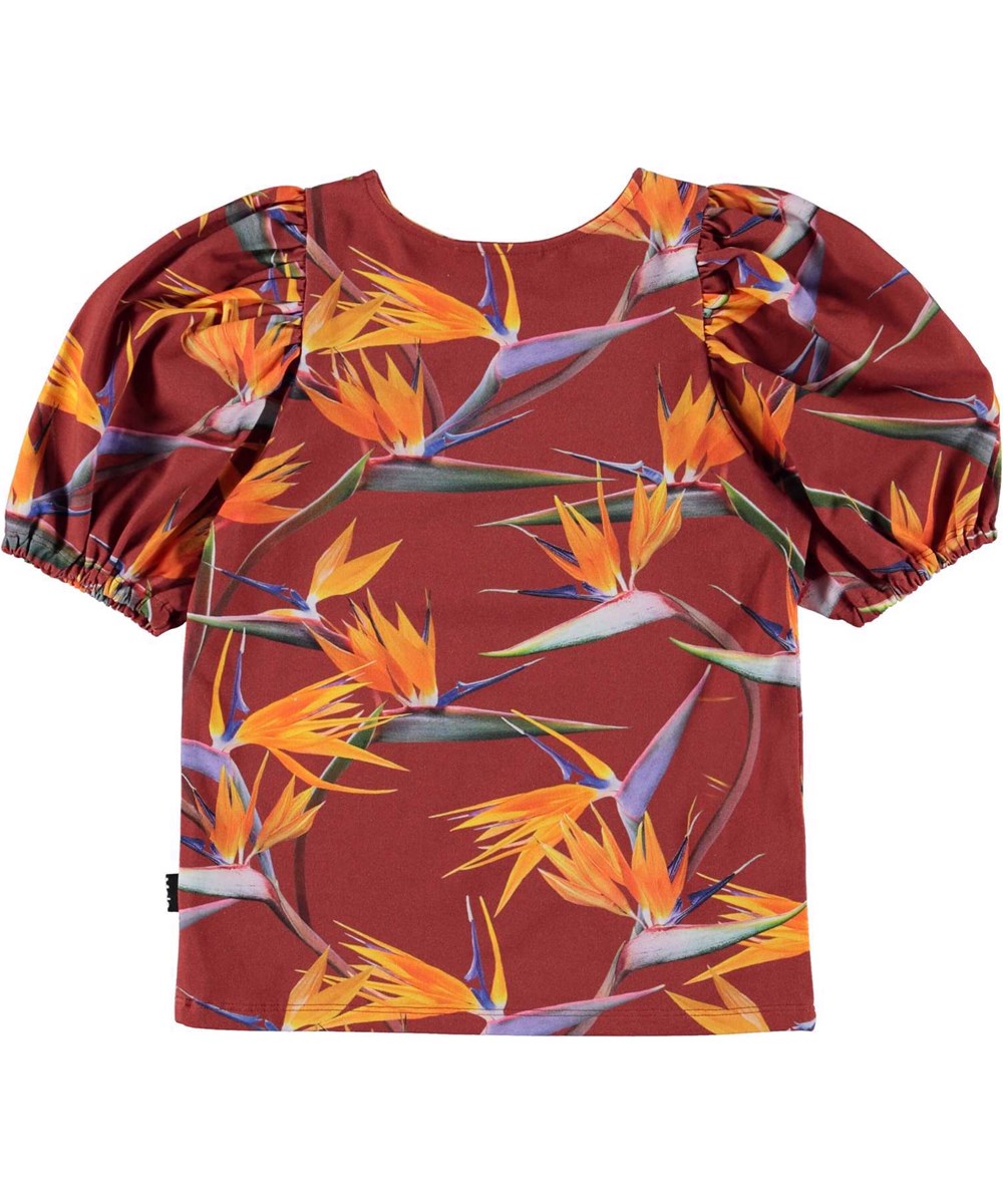 Rivera - Paradise_AOP - Dark red organic top with puff sleeves and orange 