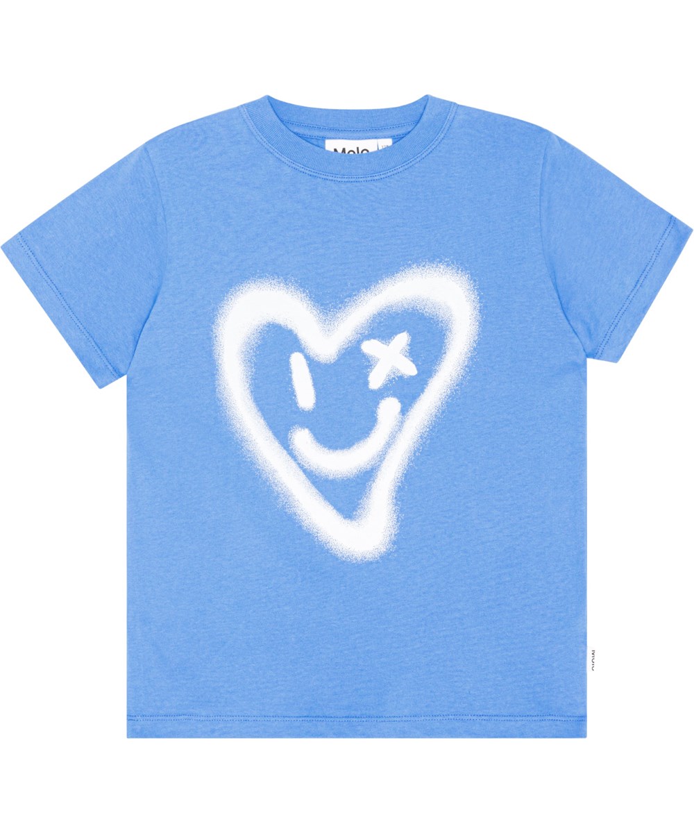 Road - Forget Me Not - Short sleeve, blue t-shirt in organic cotton with graffiti print of a white heart