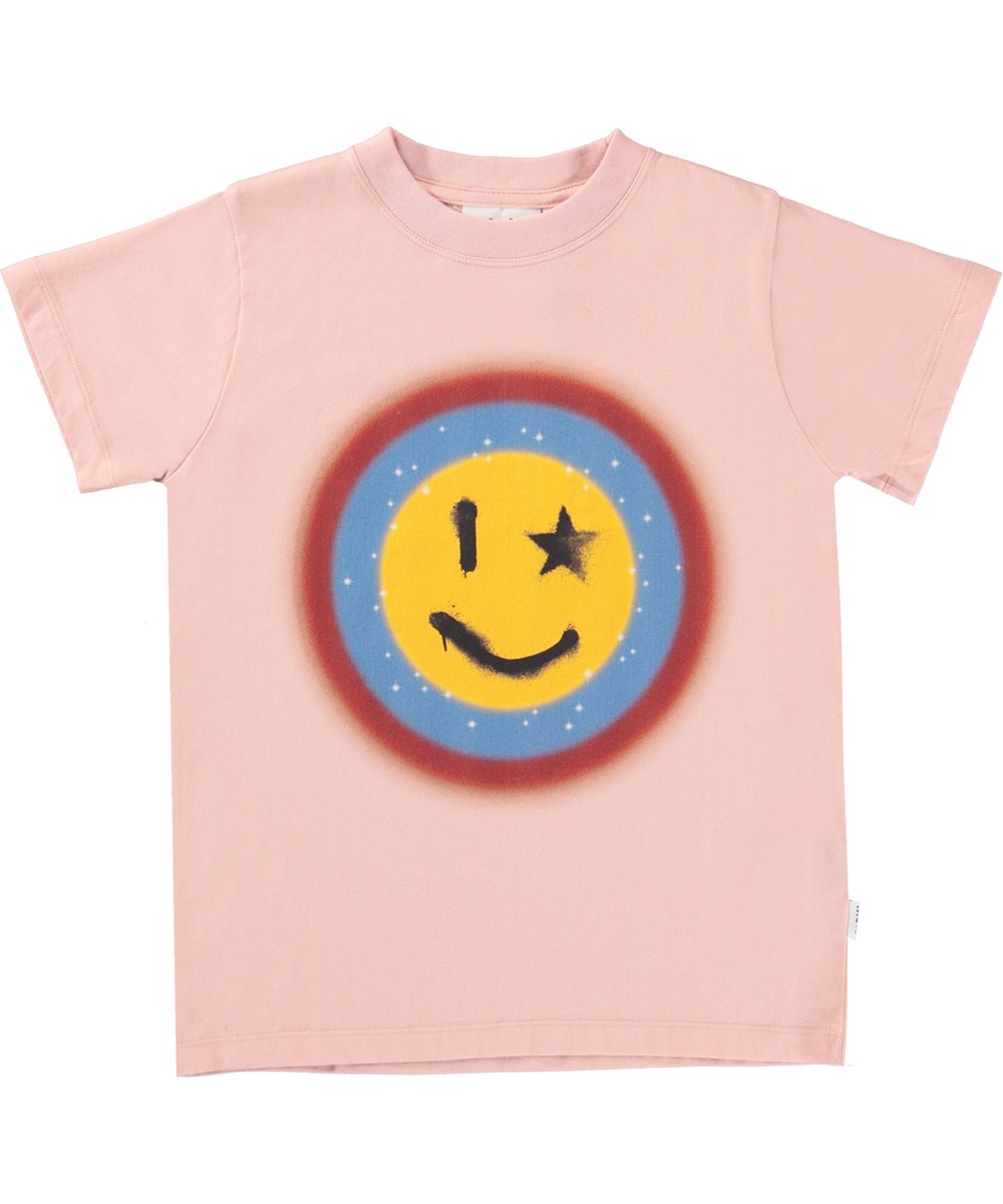 Road - Space Happy - Pink organic t-shirt with smiley face print