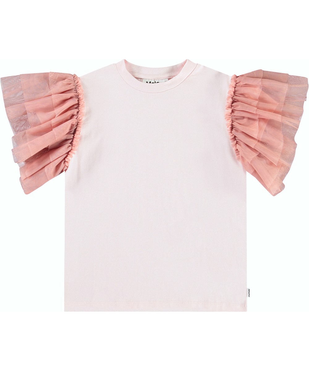 Robyn - Charlotte Pink - Pink t-shirt for children in soft organic cotton with ribbed neckline and tulle sleeves.