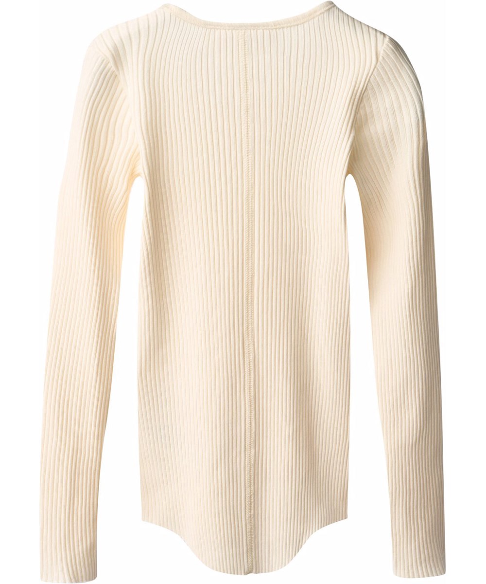 Rochelle - Buttercream - Off-white long-sleeved top for children made of stretchy, organic cotton rib with a close-fitting cut, a round neckline and raw edges on both sleeves with thumb holes.