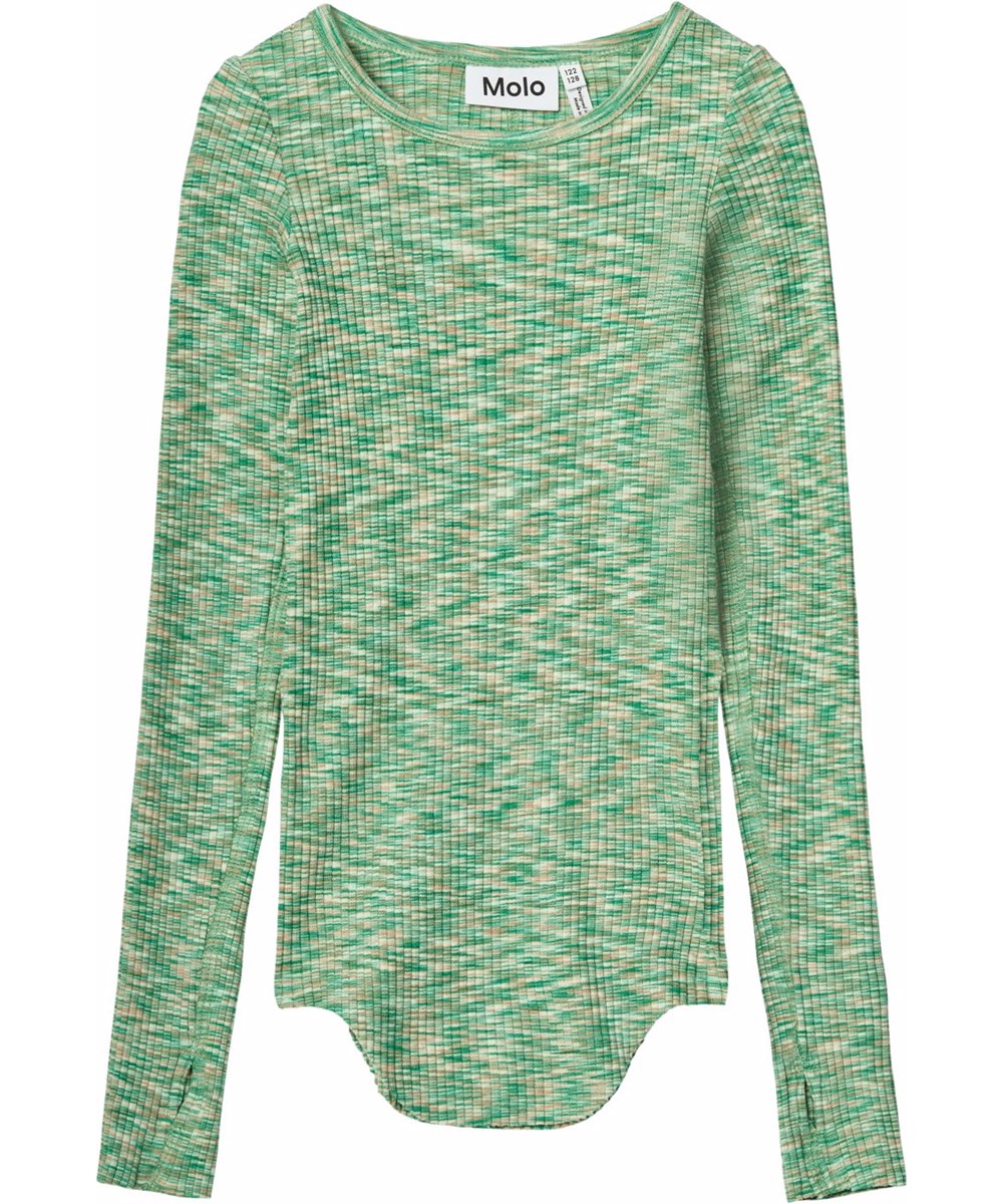 Rochelle - Green Mouliné - Green long-sleeved top for children in stretchy organic cotton rib with a close-fitting cut, round neckline, raw edges on both sleeves with thumb holes.