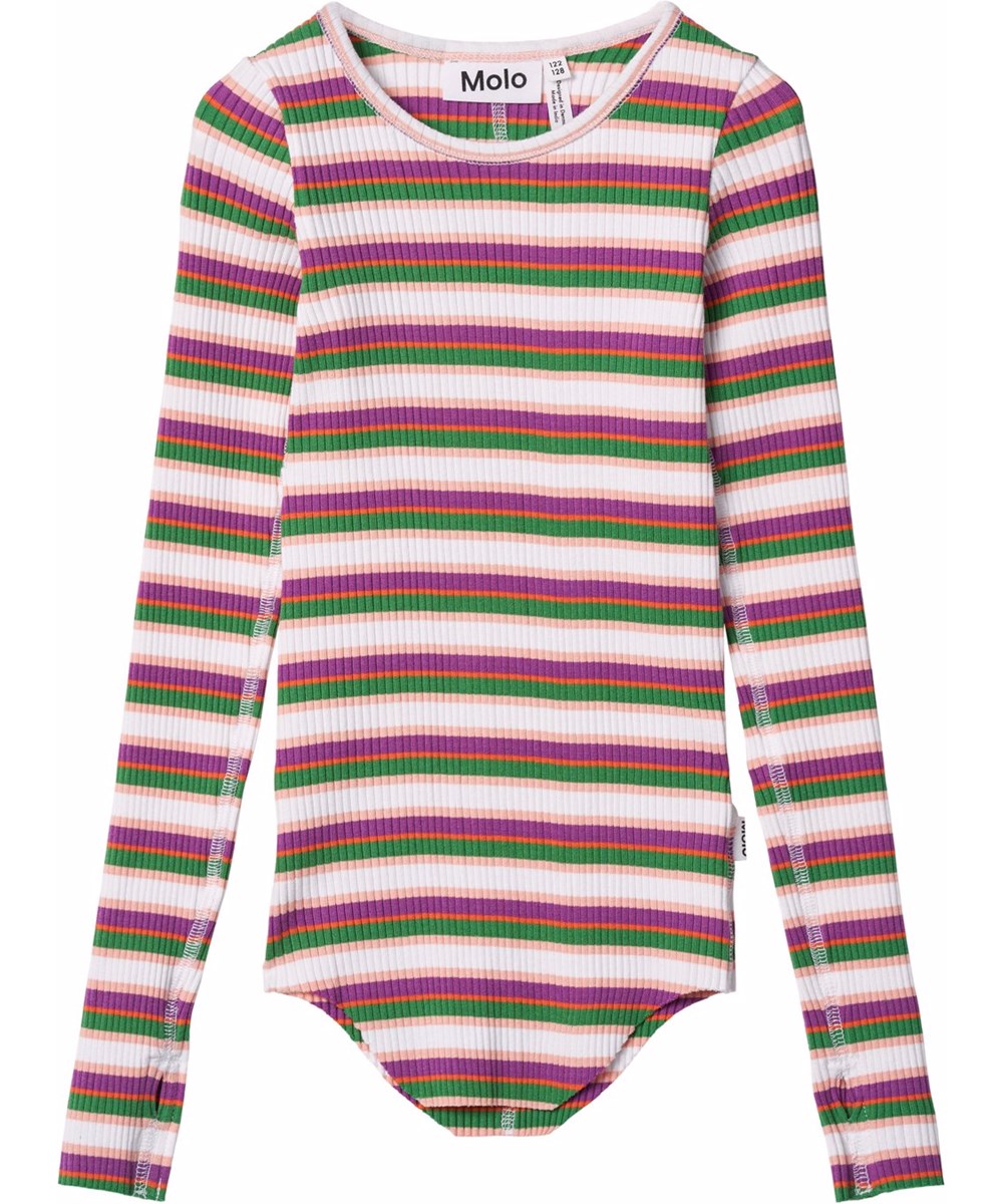 Rochelle - Jungle Stripe - Multicoloured, striped long-sleeved top for children in stretchy organic cotton rib with a close-fitting cut, round neckline, raw edges on both sleeves with thumb holes.