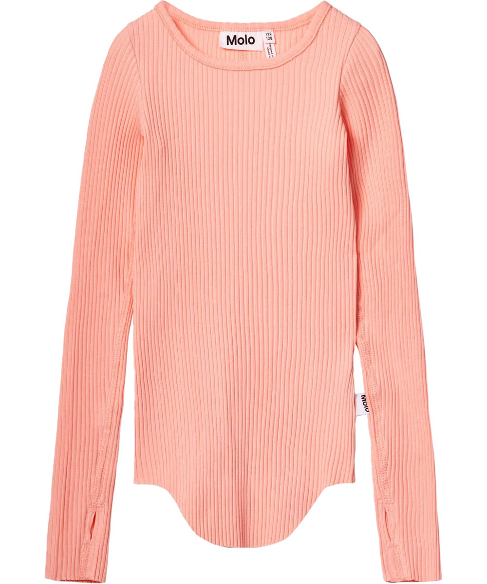 Rochelle - Peach - Light orange long-sleeved top for children in stretchy organic cotton rib with a close fit, round neckline, raw edges on both sleeves with thumb holes.
