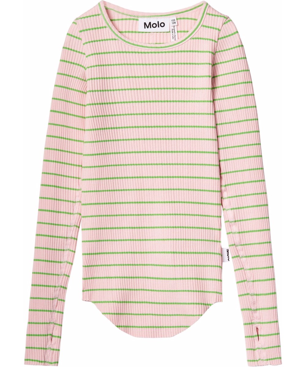 Rochelle - Pink Vibes - Pink and green striped long-sleeved top for children in stretchy organic cotton rib with a close-fitting cut, round neckline, raw edges on both sleeves with thumb holes.