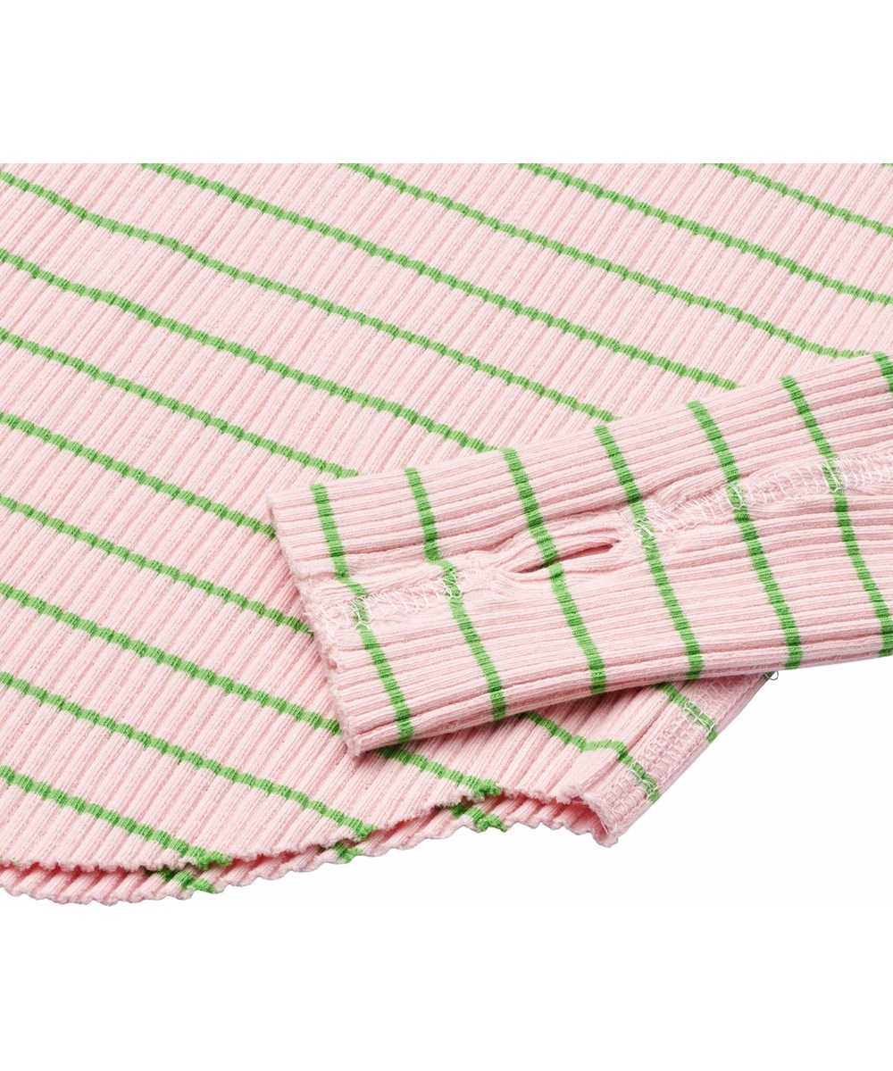 Rochelle - Pink Vibes - Pink and green striped long-sleeved top for children in stretchy organic cotton rib with a close-fitting cut, round neckline, raw edges on both sleeves with thumb holes.
