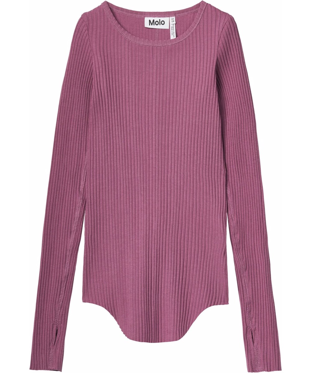 Rochelle - Tulip - Purple long-sleeved top for children in stretchy organic cotton rib with a close-fitting cut, round neckline, raw edges on both sleeves with thumb holes.