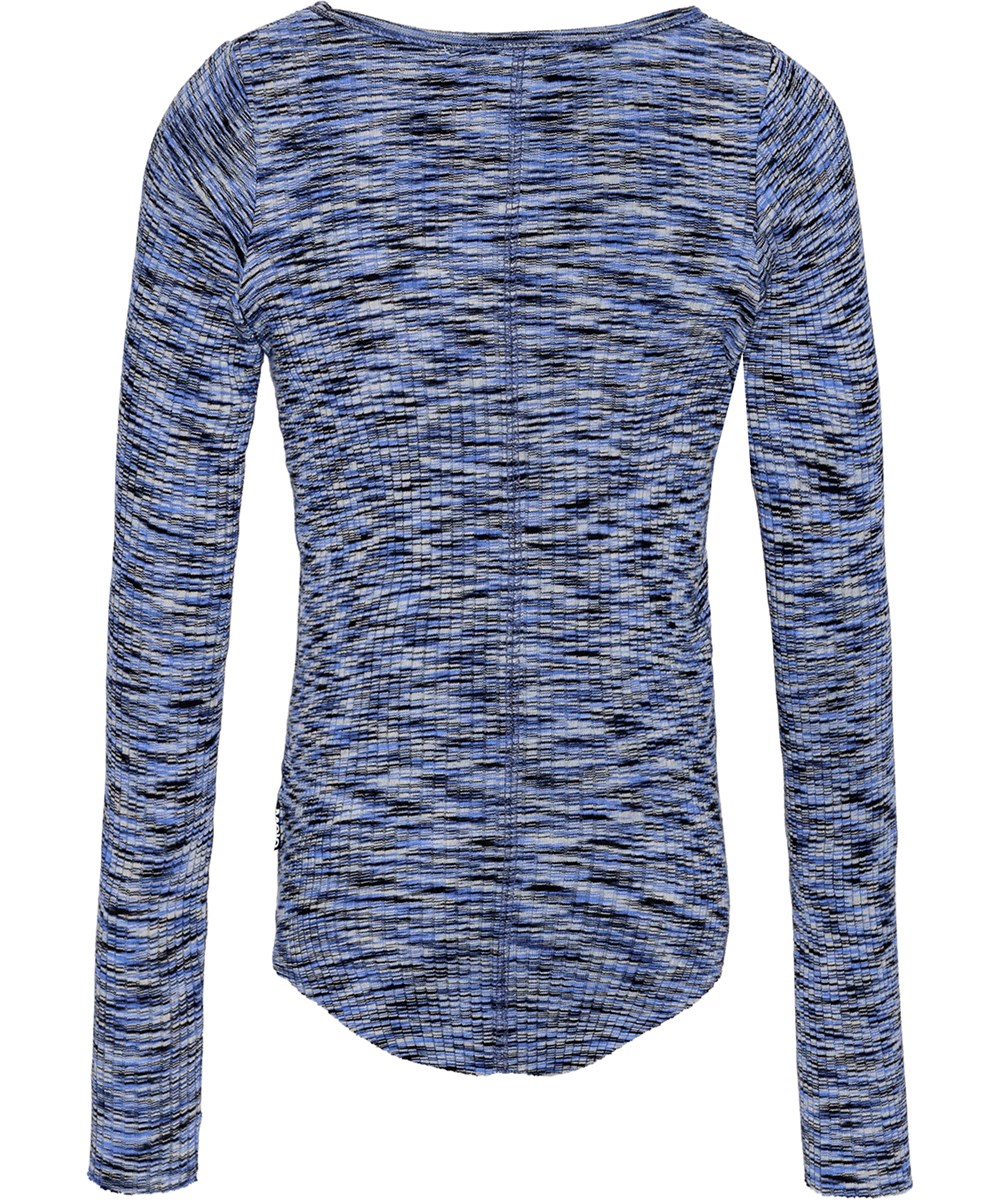 Rochelle - Lapis Mouliné - Stretchy organic cotton rib long-sleeved top in blue, white, and black.