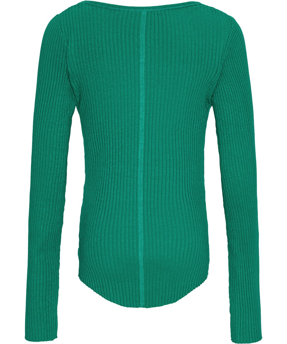 Rochelle - Sporting Green - Green long-sleeved blouse in stretchy organic cotton rib with snug fit, round neckline, raw edges, thumbholes, vertical stitching, raw rounded hem.