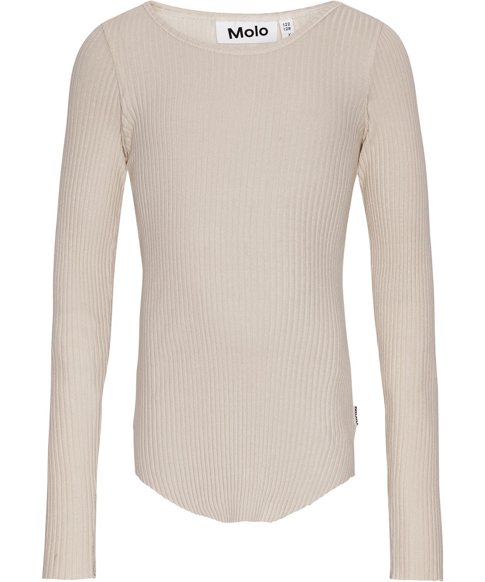 Rochelle - Whisper Pink - Off-white long-sleeved top in stretchy organic cotton rib with snug fit, round neckline, raw edges on sleeves with thumbholes.