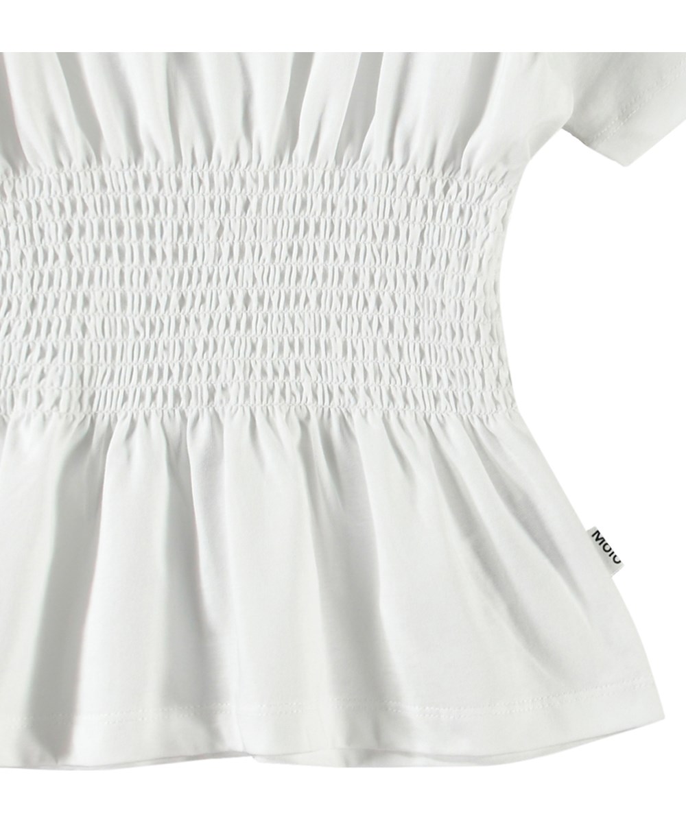 Ronalda - Crisp White - White t-shirt for children in organic cotton with short sleeves, ribbed neckline, and smock effect.