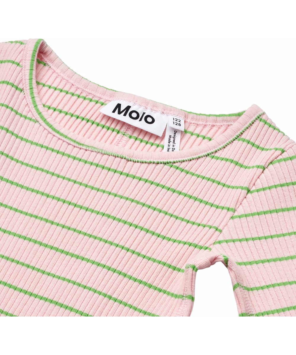 Ronelle - Pink Vibes - Pink and green striped t-shirt for children in soft organic cotton rib with a round neck.