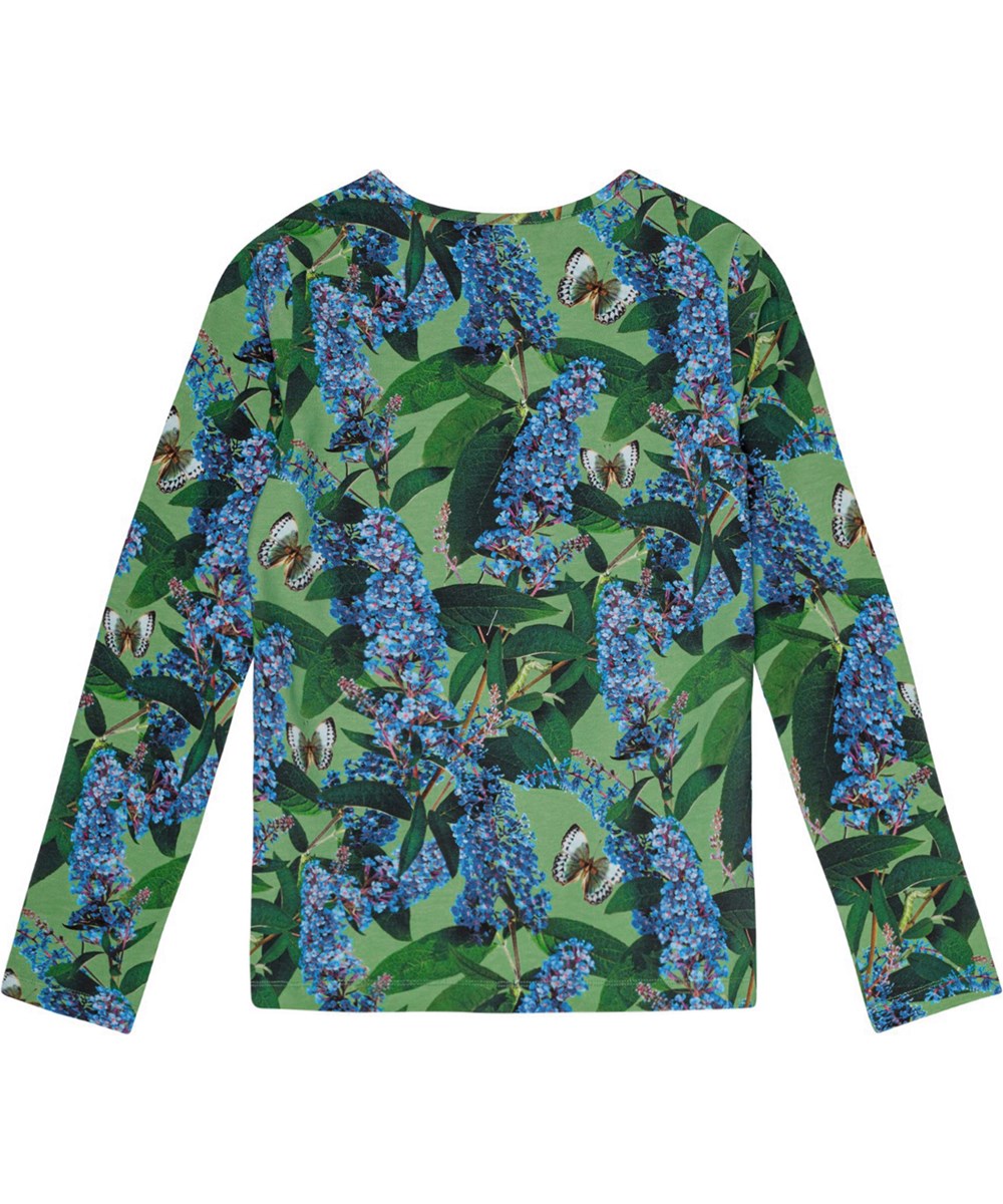 Rose - Buddleja Garden - Fitted long-sleeved green top in organic cotton with butterfly print.