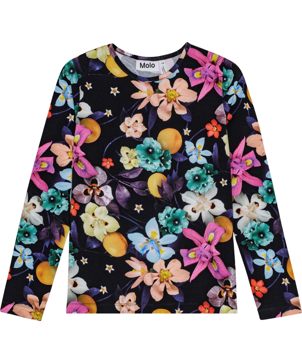 Rose - Garden Of Plenty - Fitted long-sleeved black top with vibrant flower print.